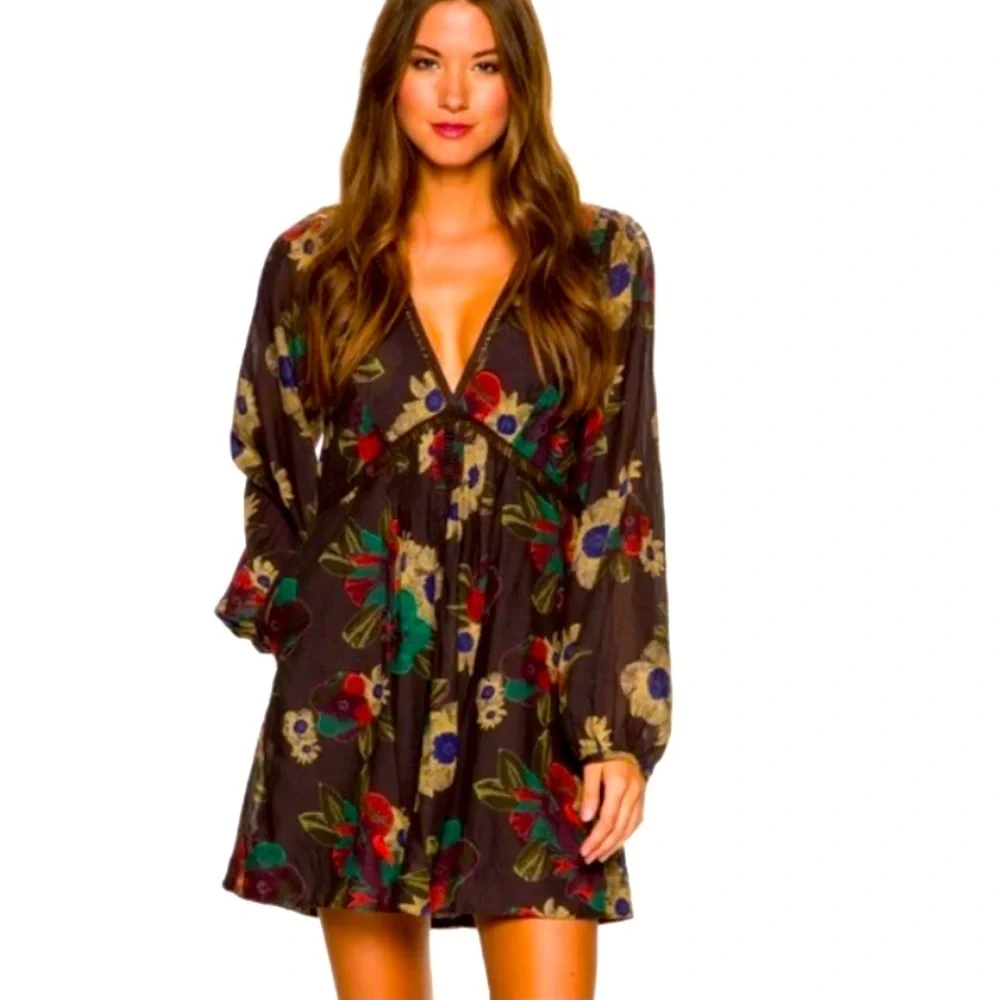 NWOT FREE PEOPLE Strawberry Fields Floral Tunic Dress Brown Long Sleeve Boho SM